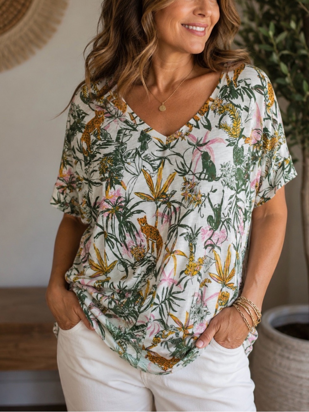 Rachel Zoe White Tropical Leopard V-Neck Tee with Green and Yellow Print cotton